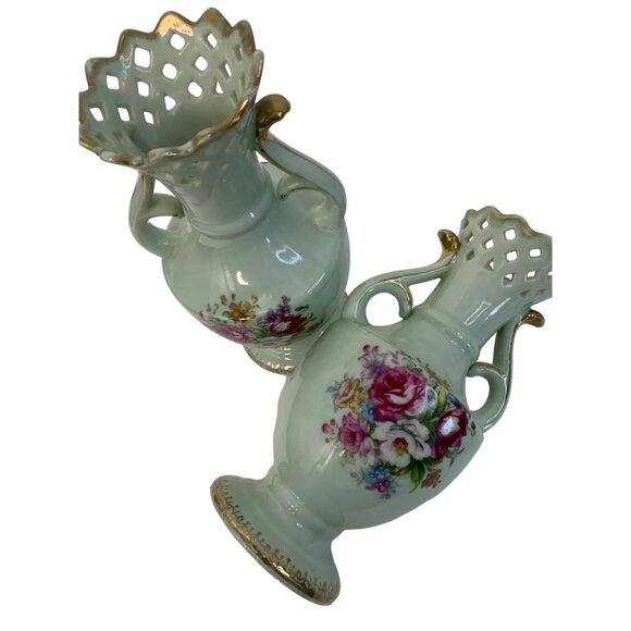 VTG French Bouquet NW-FB Porcelain Vases 8.0" Tall Floral Design 7301 Japan - Picture 1 of 9